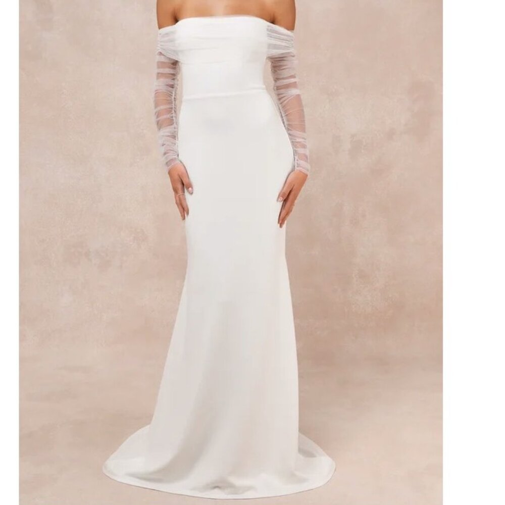 Lulu's White Off-the-Shoulder Long Sleeve Wedding Gown